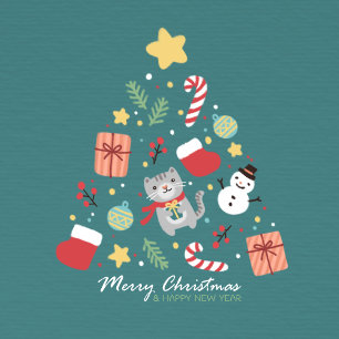 Merry Christmas: Cat & Tree Illustration Invitation