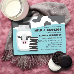 Cute Cow and Milk and Cookies Blue Baby Shower Thank You Card