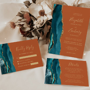 Teal Gold Agate Burnt Orange Wedding RSVP Card