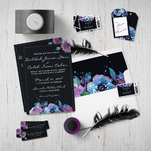 Deep Blue Purple Moody Floral Wedding Invitation