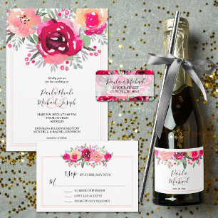 Watercolor Pink Peonies Wedding All In One Invitation