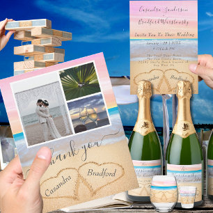 Chic Dusty Blue Hearts Sand Beach Wedding RSVP Postcard