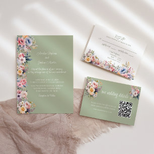 Sage Green Cottagecore Wildflower QR Code Wedding Enclosure Card