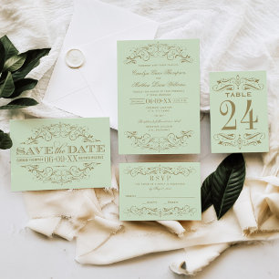 Vintage Green and Antique Gold Flourish Wedding RSVP Card