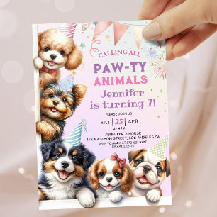 Girls Puppy Lets Pawty 7th Birthday Invitation