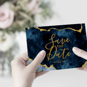Navy Blue Gold Foil Agate Gilt Wedding Invitation
