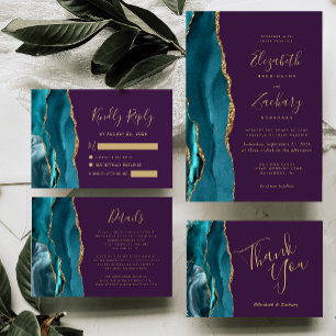 Modern Teal Gold Agate Purple Wedding RSVP Card
