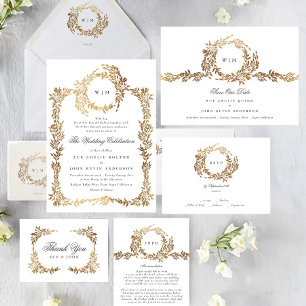 Monogram   Gold Wreath Classic Elegant Wedding RSVP Card