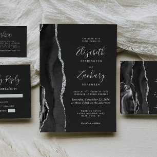 Budget Black Silver Agate Dark Wedding QR Code Enclosure Card
