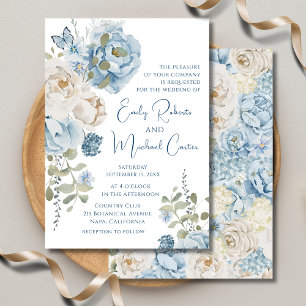 Romantic Dusty Blue Watercolor Floral Wedding Invitation