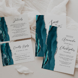 Agate Teal Silver Modern Script Wedding Save The Date