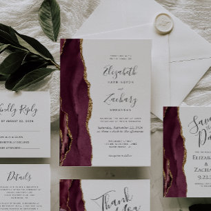 Modern Burgundy Gold Agate Wedding Invitation