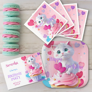 Girly Cute White Kitten and Cupcake Birthday Party Invitation