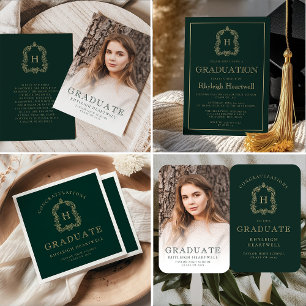 Dark Green Gold Monogram Crest Graduation Party Invitation