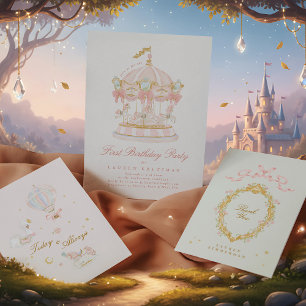 Fairytale Blush Pink Girl Carousel Birthday Party Invitation