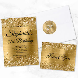 Glittery Gold Foil Fancy Monogram 21st Birthday Invitation
