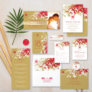 Red Gold Bamboo Leaves Double Xi Chinese Wedding   Invitation