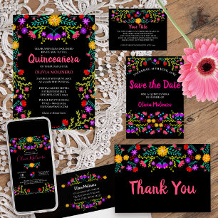 Quinceanera Mexican Fiesta Floral Black Birthday Invitation