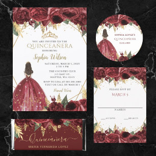 Burgundy Gold Floral Princess Quinceanera RSVP Card