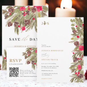 Winter pine elegance floral wedding save the date