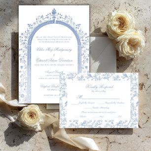 Blue Floral and Bird Toile Details Enclosure Cards