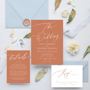Terracotta Dusty Orange Elegant Boho White Wedding RSVP Card