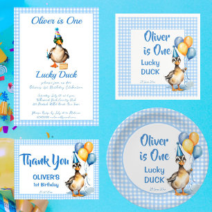One lucky duck blue gingham birthday printed  party hat
