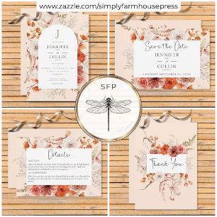 Boho Burnt Orange Fall Floral Monogram Peach RSVP Card