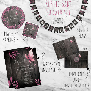 Rustic watercolor pink butterfly girl babyshower invitation