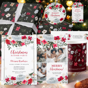 Elegant Red Green floral snowflake Christmas Wrap Around Label