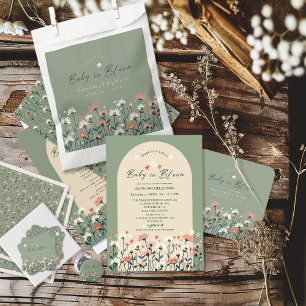 Modern Boho Wildflower Sage Baby in Bloom Shower Square Paper Coaster