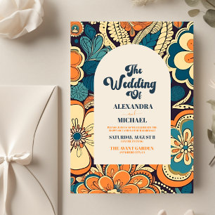 Colourful Modern Groovy Retro 70s Floral Wedding All In One Invitation