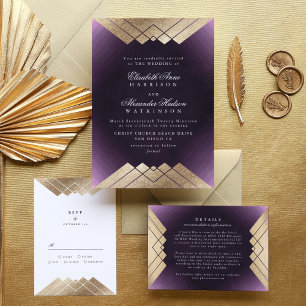 Geometric Purple Gold Gatsby Wedding Reception Enclosure Card