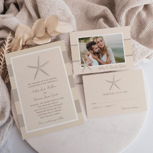 Neutral Starfish Beach Wedding Photo Thank You Card