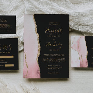 Modern Blush Gold Agate Dark Wedding RSVP Card