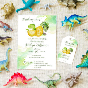 Hatching soon watercolor green baby dinosaur invitation