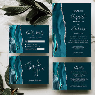 Modern Dark Teal Silver Agate Wedding Invitation