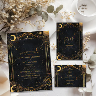 Tarot Celestial Wedding Sun Moon Stars Gold All In One Invitation