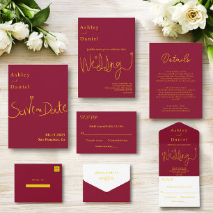 Minimal Burgundy And Gold Elegant Chic Wedding Save The Date