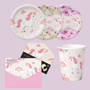 Dreamy Unicorns, Rainbows, Flowers / Birthday All In One Invitation