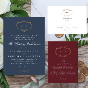 navy burgundy classic gold crest wedding RSVP card