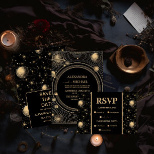 Mystical Black Gold Celestial Galaxy Wedding RSVP Card