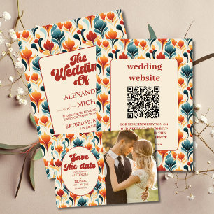 QR Code Groovy Retro 70s Floral Wedding All In One Invitation