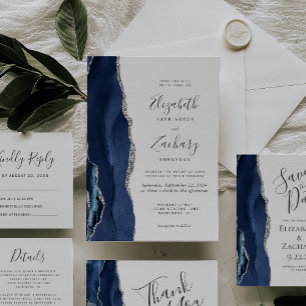 Navy Blue Silver Agate Wedding Flat Thank You Card
