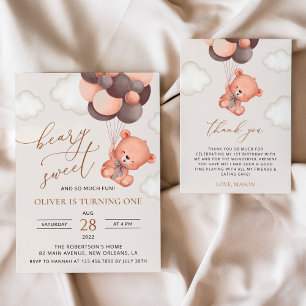 Baby Bear, Brown Balloons, First Birthday Invitation