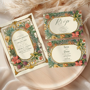 Vintage Floral Art Nouveau Wedding All In One Invitation