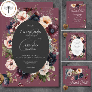 Dark Moody Burgundy Oval Floral Frame QR Code RSVP Card