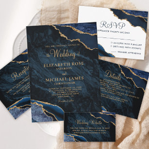 Navy Blue Agate White Monogram Wedding RSVP Card