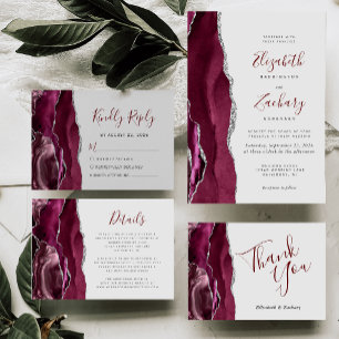 Modern Burgundy Silver Agate Pale Gray Wedding RSVP Card