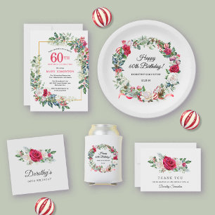 Red White Rose Floral Holly 60th Birthday Party Invitation
